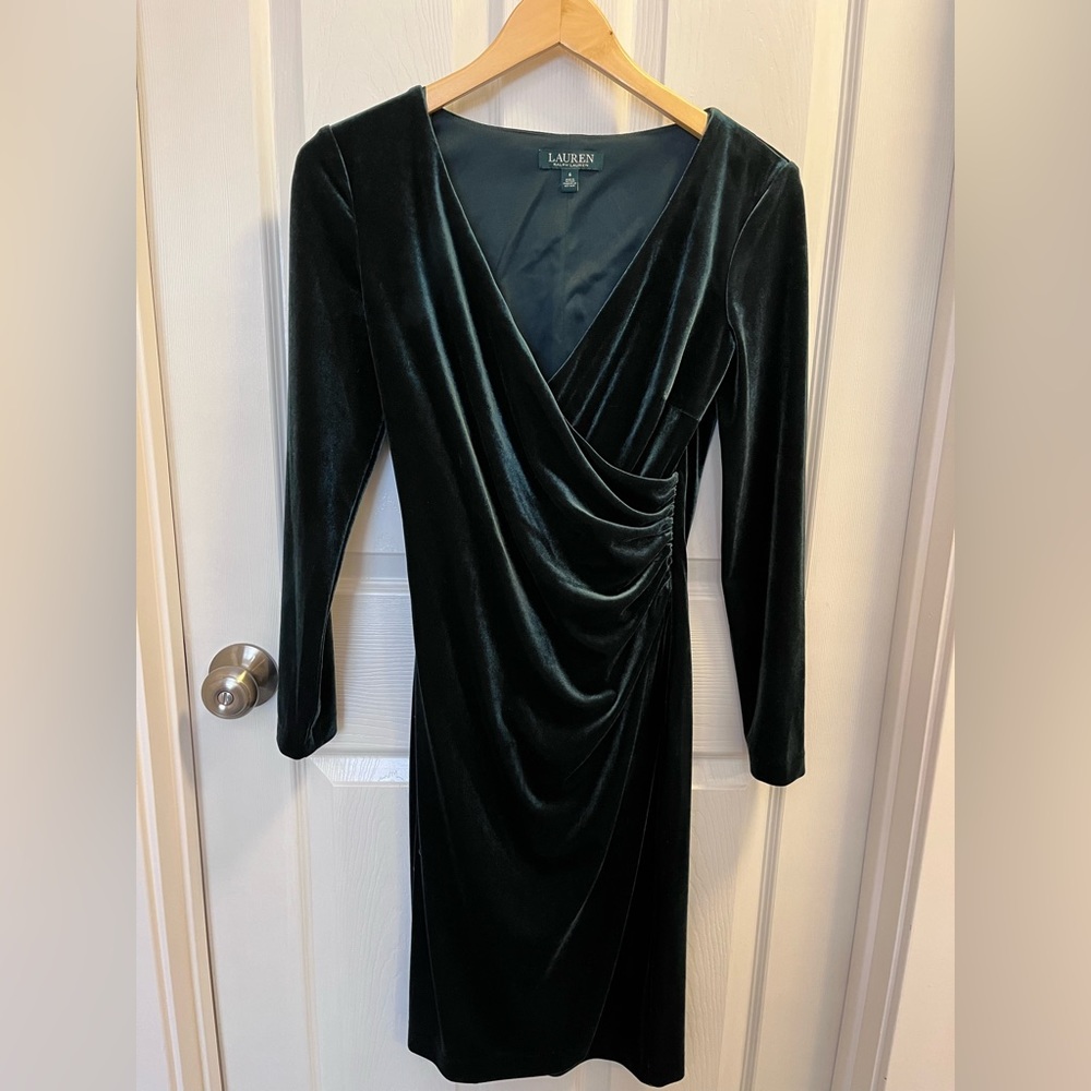 Lauren Ralph Lauren Ruched Velvet Surplice V-Neck SheathDress
